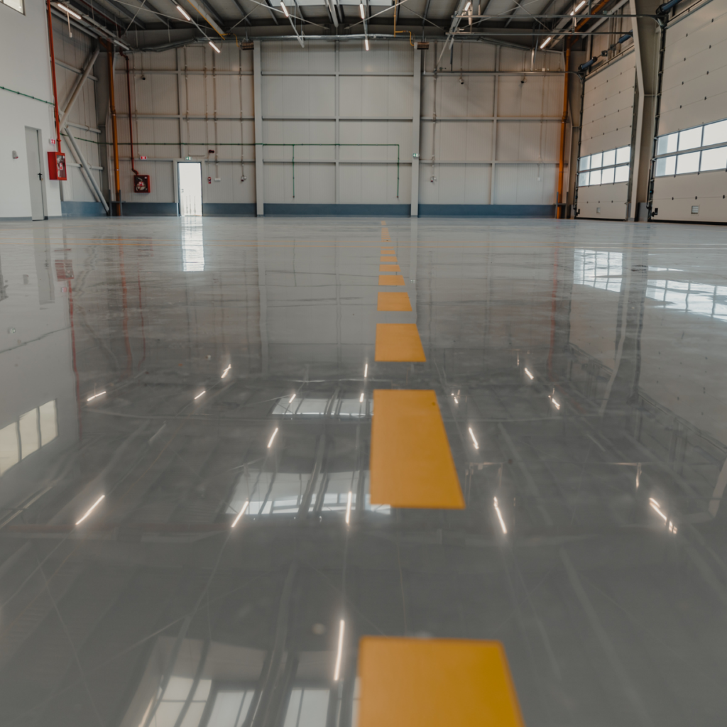 A wide-angle view of a large commercial warehouse featuring a high-gloss grey epoxy floor. The floor has a mirror-like reflective finish with bright yellow safety lines leading into the distance, showcasing a professional and durable industrial flooring solution.
